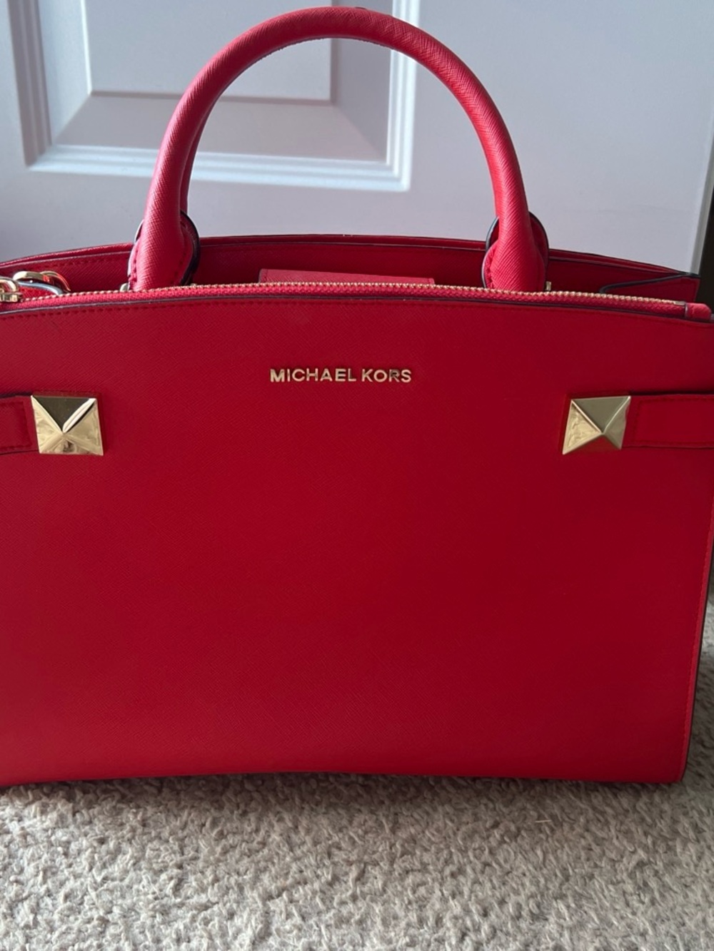 Michael Kors Red Saffiano Satchel with Gold Hardware